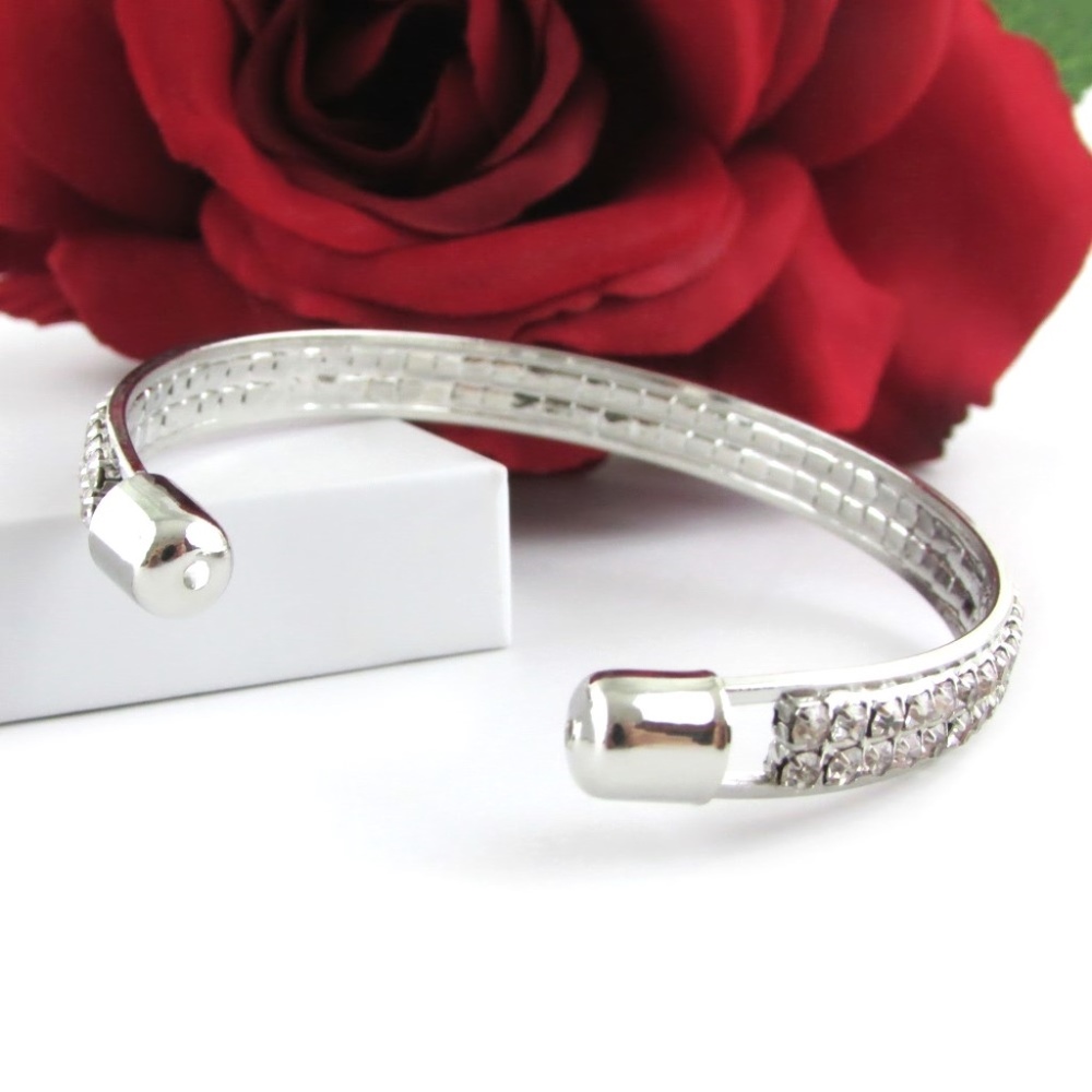 Crystal Gem Silver Cuff Bangle Bracelet - Picture 4 of 6